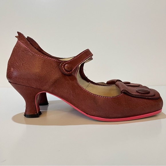 FLY London Red-Burgundy Pink Stitching Mary Jane Kitten Heels EU 41 Square Toe - Picture 2 of 13